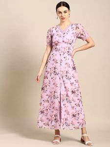 Lavender & Brown Floral Print Front Slit Dress
