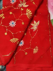 Red Embroidery Work Saree