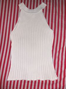 White Ribbed Round Neck Top