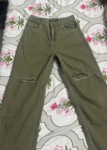 Olive Green Ripped Wide Leg Jeans