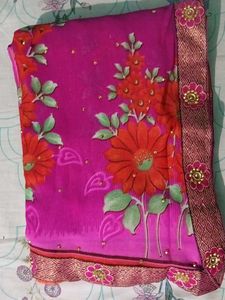 Floral Print Pink Saree