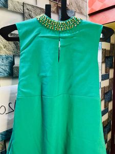 Women Stone Work Halter Neck Green Top