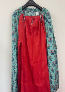 Red & Turquoise Kurti Set With Dupatta