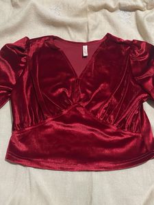 Red Velvet Puff Sleeve Top