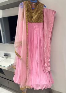 Elegant Pink &amp; Gold Anarkali Suit with Net Dupatta