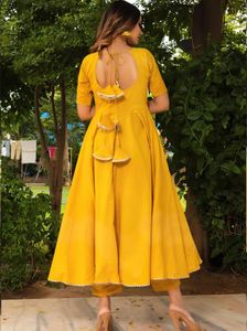 Yellow Anarkali Suit with Striped Dupatta