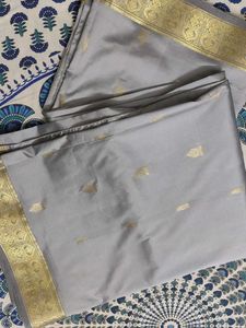 Gray Silk Blend Saree with Gold Accents