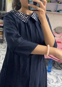 Blue Mirror Work Neck Platted dress 🥰