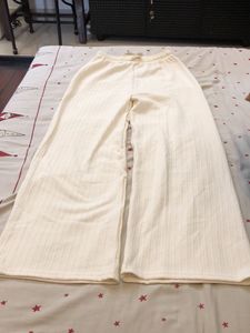 Cream Ribbed Knit Wide Leg Pants