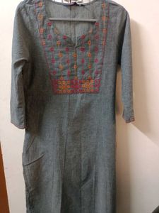 Gray Pure Cotton Kurti with Embroidery