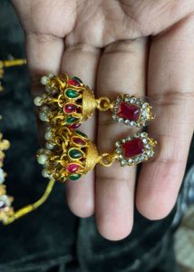 Gold Plated Lakshmi Devi green beads choker