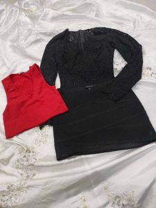 Bundle: Lace Bodysuit & Mini Skirt with Red Top
