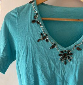 y2k Embellished Blue Knit Top