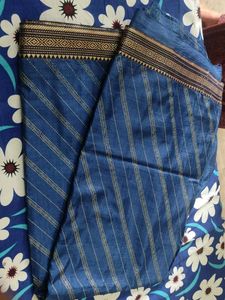 Blue Saree With Golden Line...