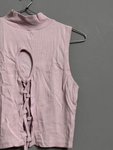 Pink Ribbed Lace-Up Crop Top