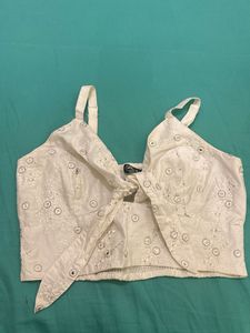 Embroidered Tie-Front Crop Top