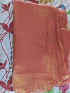 Peach pink and golden cotton tissue saree