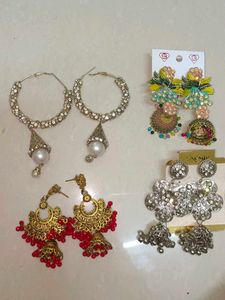 4 Sets Of Vintage Silver Floral Dangle Earrings