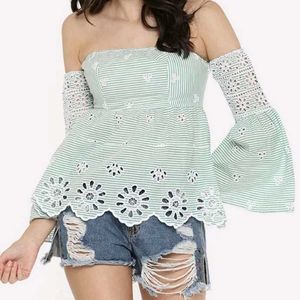 Striped Green off shoulder Crop Top