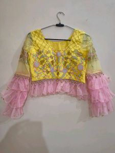 Stunning Yellow &amp; Pink Ruffle Lengha Set