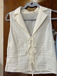 Mango Cream Tie-Front Sleeveless Top(M)