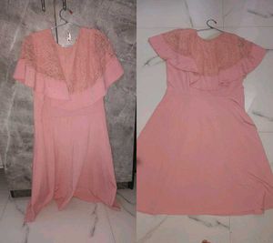 Coral Pink A-Line Dress with Lace Detail