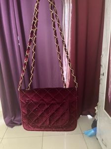 Burgundy Velvet Quilted Chain Bag