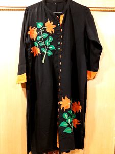 Beautiful Black Kurti With Green And Orange Flower Embroidery