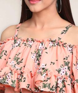 New Piece Floral Ruffle Midi Peach Dress For M Siz
