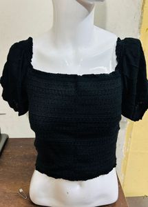 Black Smocked Crop Top