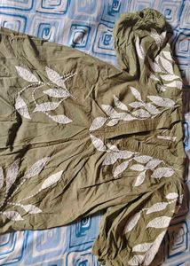 Olive Green Cotton Top with White Leaf Embroidery