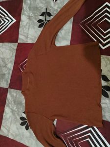 Brown Full sleeve Ribbed Mock Neck Top