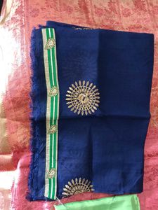 EmbroidarParrotGreen&amp;Blue LaceBorder PolySilk Sare