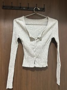 y2k Gray Ribbed Long Sleeve Top