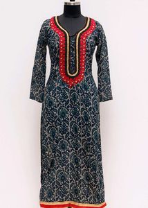 Floral Block Print Kurti with Embellished Neckline