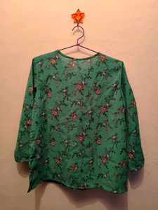 Emerald Green Floral Peasant Top with Tassel Tie