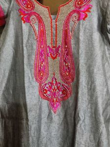 Grey Kurti with Pink And Red Embroidery
