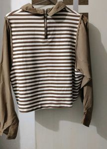 Trendy Brown &amp; White Striped Collared Top – Long S