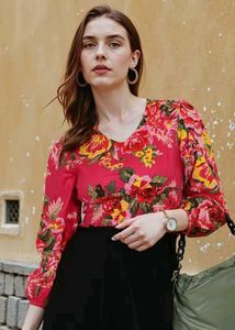 Shein smocked waist floral pattern top S