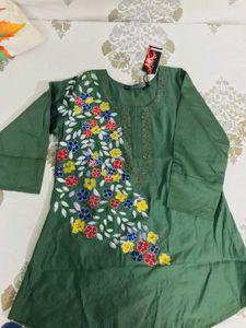 Hand Painted Floral Embroidered Green Tunic
