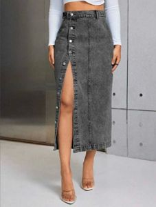 Black Button Denim long Skirt