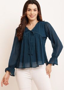 Teal Tie-Neck Pleated Top