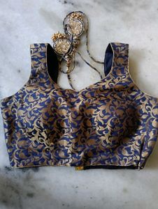 Elegant Blue &amp; Gold Brocade Blouse