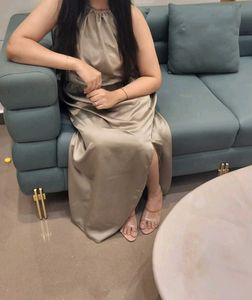 Satin Dress With Halterneck And Side Slit On Left