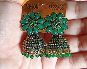 Green Colour Stone Jhumka Earring