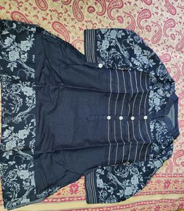 Softy Black&amp;White Swirl Top,Navy Blue Kurti Combo