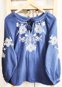 Blue Embroidered Peasant Blouse Size-44