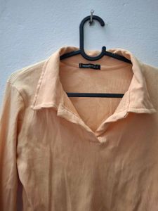Peach Ribbed Polo Crop Top