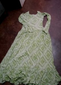 Green Printed Gown Dress &amp; Scarf Set Xl Size