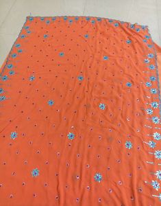 🧡💙Orange Blue &amp; 💕 Pink Tikka Work Saree 🧡💙
